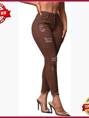 Stretch Denim Skinny Jeans with Ripped Distressed Frayed Details